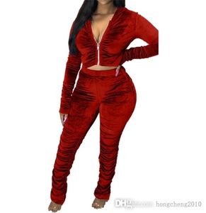 Women Velvet TrackSuits Dwukomowy zestaw plisowany zamek błyskawiczny Kurtki z długimi rękawami Spodnie wypusty panie czerwone welurowe kombinezon joggingowy