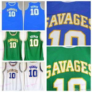 NCAA College Oklahoma Savages High School Dennis Rodman Basketball Jersey 10 Man University 팀 컬러 녹색 블루 화이트 스포츠 팬 셔츠 통기 가능