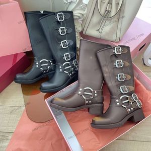 Designer-Moto-Schnalle, Biker-Stiefel, Gürtelschnallenbesatz, kniehohe Damen-Ankle-Booties, Logo-Schuhe, braun, schwarz, Vintage-Cowboy, runde Zehenpartie, klobige Absätze, Halbstiefel 2024