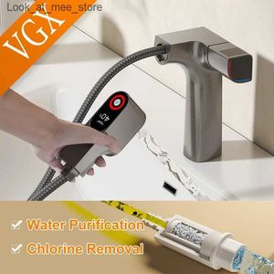 Badezimmer-Waschtischarmaturen VGX-Reinigungs-Badezimmerarmatur ausziehbarer Wasserfilter-Beckenmischer-Waschbecken-Gourmet-LED-Temperatur-Messingkran Q240301