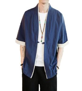 2019 Giacca da uomo in cotone e lino stile cinese Cappotto Kongfu maschile Kimono allentato cardigan soprabito Cappotto a punto aperto Giacca a vento da uomo 5XL1198035