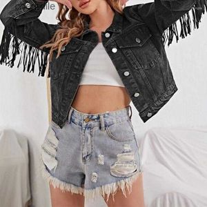 Kadın Ceket Ceketleri Şık Fringe Boncuklu Denim Ceket Kadınlar 2023 Sonbahar Uzun Kollu Bayanlar Dış Giyim Tassel Jean 240301