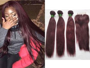 Peruvian Human Hair 3 Bundles with 4X4 Lace Closure Straight 99J Burgundy Dark Red Virgin Colored Hair Weave Wefts Extension 12247263047