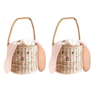 Evening Bags 2X Rattan bucket bag for children and adults beach straw bag shoulder messenger basket bag handbag with rabbit ears J240301