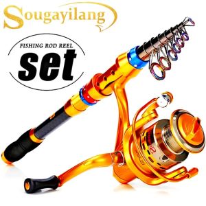 コンボSougayilang Telescopic Fishing Rodと13+1ボールベアリングスピン釣りリールコンボ塩水淡水釣り