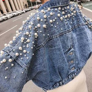 Women's Jackets Jackets Fall Korea Sweet Pearl Decor Denim Bf Wind Short Jeans Pearls Long Sleeve Pockets Coat 240301