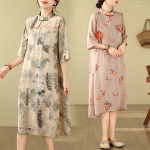 Ethnische Kleidung 2024 Chinesisches Vintage-Cheongsam-Kleid Nationaler Blumendruck Baumwollleinen Verbessertes Qipao A-Linie