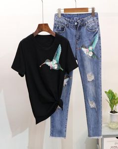 2019 primavera feminino lantejoulas pássaro 2 peça conjunto de manga curta t camisa topos casual buraco calças jeans definir moda feminina duas peças 4286893