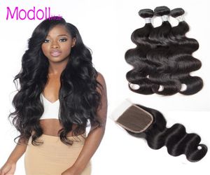 Malezyjskie ludzkie włosy fala ciała 34 wiązki z zamknięciem naturalny kolor Malezja Remy Virgin Hair Bundles z koronkowym zamknięciem3951199