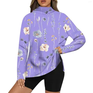 Women's T Shirts Casual Sweatshirt High Neck Side Slit Floral Print Pullover Long Sleeve Top Women Fashion Blouse 2024 Shirt For