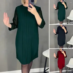 Casual Dresses Women aftonklänning Tre kvartsät ärmhylsa fast färg Lös rund nacke veckad pullover knä längd Fall våren midi