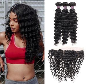 Ishow Deep Wave 13x4 Lace Frontal with 3 Bundles Brazilian Virgin Human Hair Extensions for Women All Ages 826inch2329660