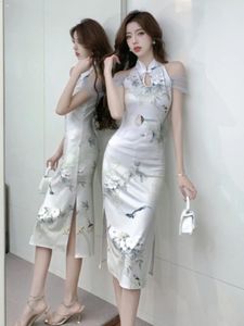 Ethnische Kleidung, hochwertiges Cheongsam-Qipao-Kleid im chinesischen Stil, elegant, bedruckt, schmale Passform, Tasche mit Gesäß, verbessert für Frauen