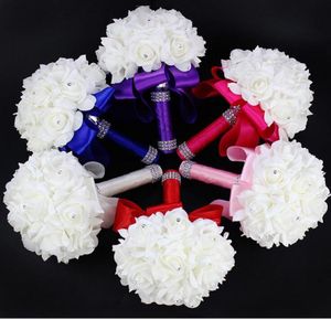 2016 Eleganckie różowe sztuczne kwiaty ślubne bukiet bukiet ślub Crystal Kryształ Królewski Blue Silk Ribbon New Buque de Noiva 6 Colo2318969