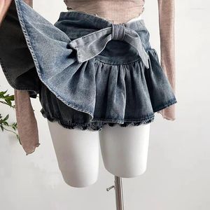 Skirts Kawaii Women Vintage Gyaru Ruffle Low Waist Sexy Pleated Mini Grunge Y2k Bow Denim Skirt with Shorts Summer Streetwear