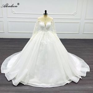 Alonlivn Chic Illusion V-Neck Full Sleeves Ball Gown Wedding Dress Beading Sequined shiny lace Court Train Bridal Gowns Can Be Customized