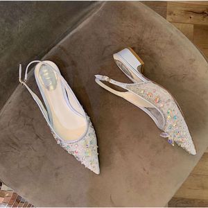 Fashion dress shoes Rene Caovilla designer women ankle strap low heel back empty mesh lace luxury crystal decoration high quality factory shoe