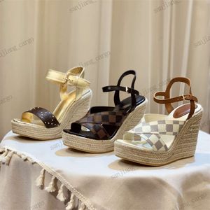 Women Wedge Sandals High Heel Straw sole platform Shoes Black White wedges Sandal Wedding Dress Shoes Calfskin Shoe 11cm thick bottoms slippers Flops