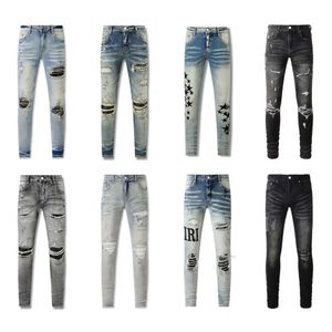 Amri moda düz mor yepyeni amri kot pantolon gerçek streç erkekler robin rock canlanma kristal perçin denim tasarımcı pantolon amri 147