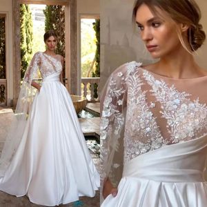 One Simple Wedding Shoulder Bridal Gowns Sequined Appliques A Line Bride Dresses Illusion Custom Made Plus Size