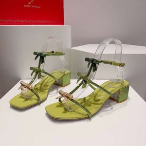 Rene Caovilla Women Sandals 4.5cmローヒールデザイナーシューズ甘い弓カジュアルファッションクリスタル装飾フラットボトムバンケット靴サテン高品質の工場靴