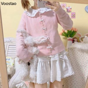 Cardigans Autumn Japanese Kawaii Girls Lolita Knitted Cardigan Sweet Cute Pearl Bow Pink Sweater Tops Women Harajuku ONeck Knitwear Coat