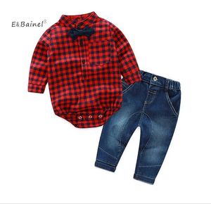 Mode baby pojke kläder set 2 st/set långärmad rutig t-shirt baby romper jean pants baby pojke kläddräkt overaller för pojke 240226