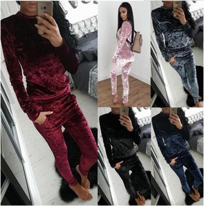 Velvet Tracksuit Two Piece Set Women Sexy Pink Long Sleeve Top And Pants Bodysuit Suit Runway Fashion 2017 Trainingspak plus size 8930019