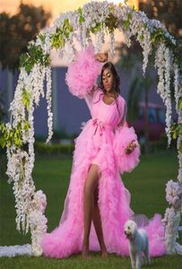 Puffy brud Sleepwear Robes With Belt Soft Tiersed Tulle Sexig V Neck Long Sleeve Custom Made Bright Pink Women Sleepwear Pyjamas6361552