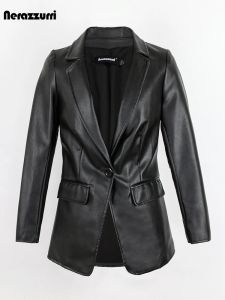 Jackor Nerazzurri Spring Autumn Black Fited Soft Leather Blazer Women Single Button Pu Leather Jackets For Women 2023 Fashion Style
