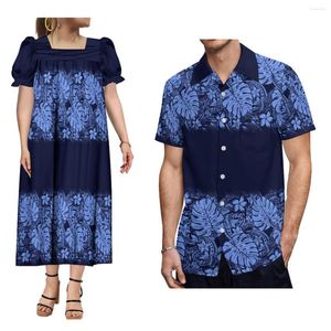 Vestidos casuais personalizado samoano casal vestido impressão estilo polinésio camisa azul havaiana mumu mulheres manga bufante pescoço quadrado