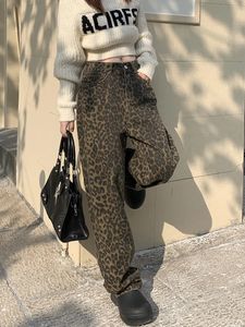 Coreano Stampa Leopardo Y2k Jeans Donna Casual Pantaloni larghi a vita alta in denim a gamba larga Moda Streetwear Retro dritto 240227