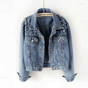 Women's Jackets Jackets Pearl Beading Short Denim Wash Long Sleeve Jean Coat Jeans 5xl 240301