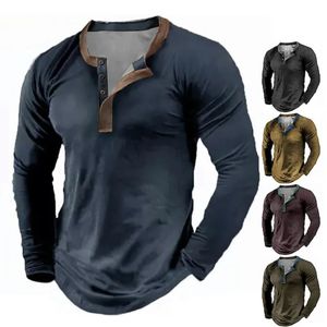 Henley Mens Camiseta Simples Verão Poliéster Primavera Botão Roupas Manga Longa Tops Moda Streetwear Camisetas de Grandes Dimensões Tee 3D 240227