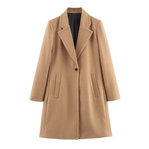 Blends TRAF Long Coat Women Camel Faux Wool Blends Coat Woman Autumn Winter Elegant Womens Jackets Casual Long Sleeve New In Jackets