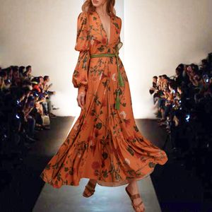 2024 primavera verão floral impressão vestido feminino com decote em v zíper manga longa vestidos longos casuais as053