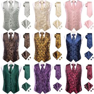 Men's Vests Hi-Tie Jacquard Silk Mens Vest Tie Hankerchief Cufflink Set WaistCoat Jacket Necktie Wedding Business Gold Pink Beige Green Blue