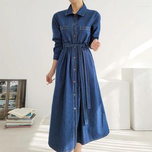 Casual Dresses Elegant Women Denim Spring Autumn Long Sleeve Single Breasted Lace-Up Jean Dress Chic Solid Color Loose