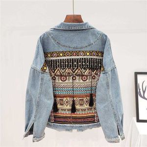 Women's Jackets Jackets Ethnic Embroidery Tassel Jeans Spring Frayed Blue Denim Coat Long Sleeve Out 240301