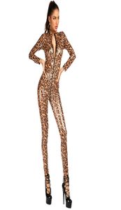 Catsuit Costumesswomen Sexy Wetlook Faux skórzany lampart nadruk bodycon kombinezon zamek błyskawiczny otwartego krocza body chude szczupły romper clu3516639