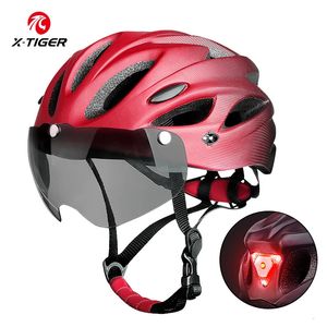 X-TIGER Adult Bike Helmet with LED Rear Light Dual Mode Goggle Cycling Helmet Fit 58-62cm Lightweight Breathable Bicycle Helmets 240222