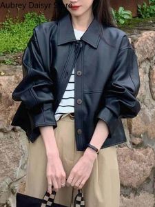 Jacken koreanischer Modetenden Cropped Leder Jacke Frauen High Street Black Punk Pu Cound Streetwear Dünne Vintage Casual Leder Blazer
