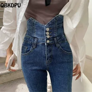 Jeans Super High Waist Women's Jeans Buttons Design Skinny Vaqueros Spring Denim Trousers Korean Fashion Pencil Pants Cowboy Capris