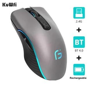 Möss Kuwfi Computer Mouse Bluetooth 4.0+2,4 GHz Mus Trådlöst Dual Mode 2 i 1 2400DPI Ergonomiska bärbara optiska möss för PC/Laptop