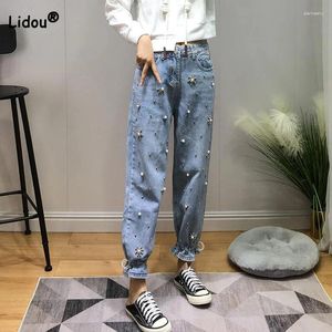 Frauen Jeans Modische Casual Diamanten Gespleißt Kleidung Sommer Koreanische Temperament Hohe Taille Abgeschnitten Denim Hosen Für Weibliche