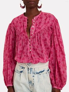 Kadınlar bluz bluz 2024 Çiçek Baskı Yarım Açık Düğmesi Gevşek Banliyö Retro Fener Sleeve Gömlek