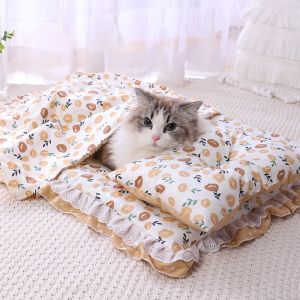 Tapetes para animais de estimação gato laço cama conjunto bonito canil cama quadrado colchão destacável maca de gato outono e inverno pet travesseiro cobertor quente suprimentos para cães