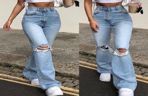 Mulheres Vintage Rasgado Flare Bell Bottom Jeans Cintura Alta Perna Larga Raw Hem Denim Calças Casuais Calças Slim Fit com Pocket9370643