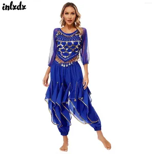 Scene Wear Womens Belly Dance Performance Outfit Costume Sequined Long Sleeve Chiffon Topps Self-Tie Back Oregelbundet Hem Crop Top med byxor