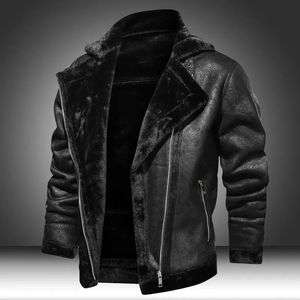 Mens Winter Fleece Motorcycle Leather Jacket Plus Velvet Thick Retro Vintage Leisure Male Outwear Warm Cashmere Inner Coats 240223
